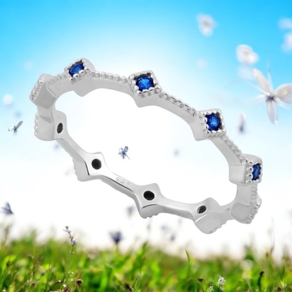 NWOT Sterling Silver Eternity Thin Blue Spinel CZ Ring size 5 and 6 - Picture 2 of 14